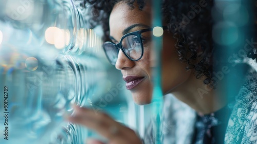 A person is shown closely examining glassware with intriguing reflective decorations, highlighting the careful inspection and curiosity of the individual in a uniquely creative environment. photo