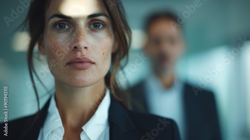 A professional woman with a serious and determined look stands in an office setting, symbolizing strength and focus, as a blurred figure in the background adds depth. photo