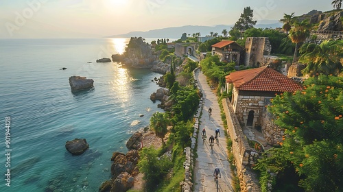 Group of Middle Eastern travelers on bikes exploring the ancient city of Byblos Lebanon photo