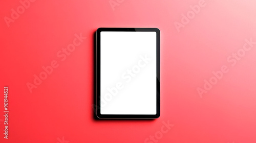 Minimalist black tablet with blank screen on vibrant red background. Modern technology concept with space for your content or design.