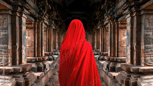 Women indianin a vibrant red cloak walking through an ancient stone hallway with intricate pillars in a historical setting. photo