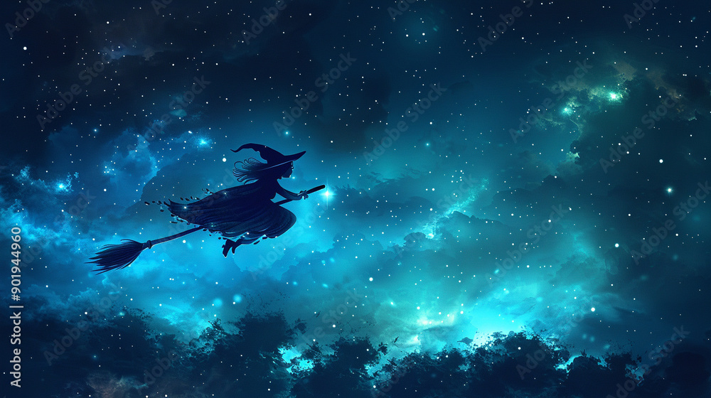 Fototapeta premium A witch flying through the sky with a broom