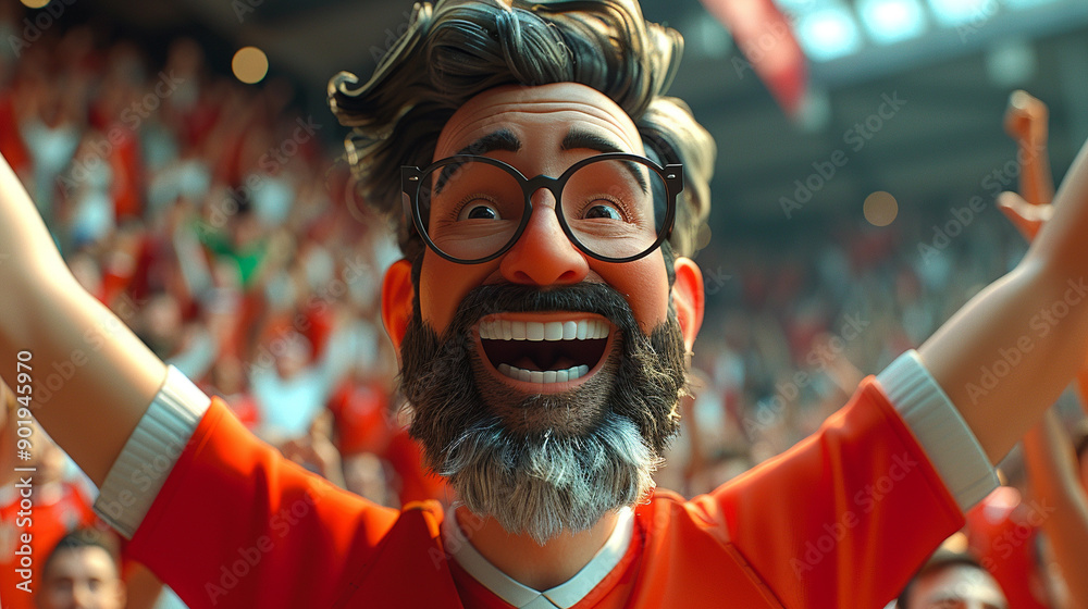 A man with glasses and a beard is smiling and holding his arms up in the air A man with glasses and a beard is smiling and holding his arms up in the air