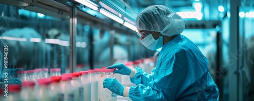 Scientist in sterile lab environment conducting dairy product quality control