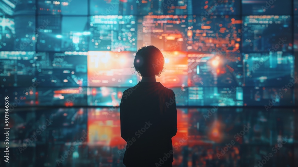Young professional interacting with futuristic digital interface in a high-tech environment Young professional interacting with futuristic digital interface in a high-tech environment