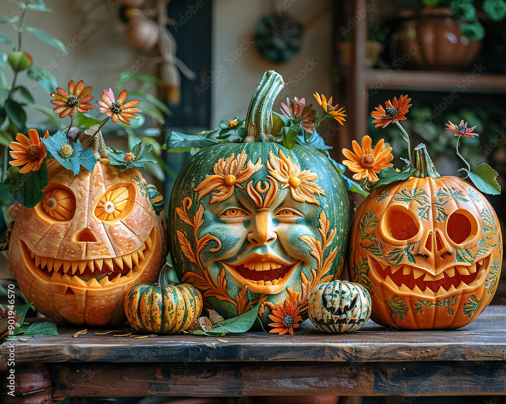 Fototapeta premium Three carved pumpkins with faces and flowers on them sit on a wooden table