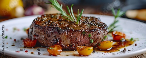 Juicy grilled steak with fresh herbs and spices on a white plate photo