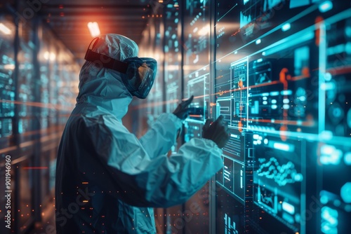 Scientist in full protective gear interacting with futuristic digital screens in a modern laboratory