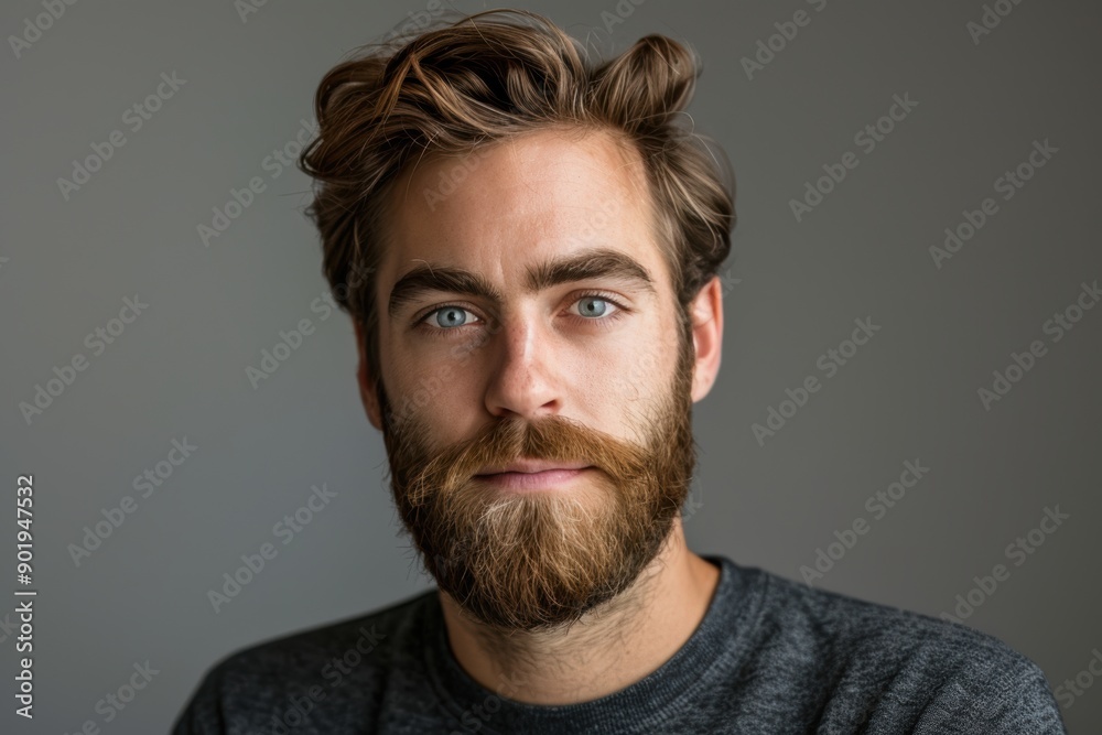 Portrait of a bearded young man with blue eyes on a grey background Portrait of a bearded young man with blue eyes on a grey background