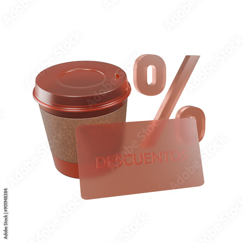 Tarjeta de descuentos con vaso de café color rosa fondo transparente 