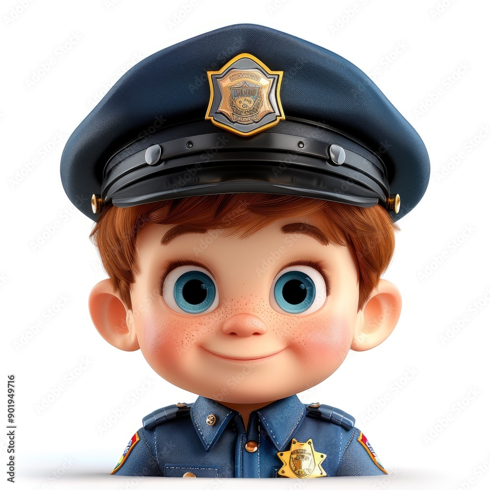 3D Little Boy In A Policeman’S Hat And Blue Uniform, Looking Official