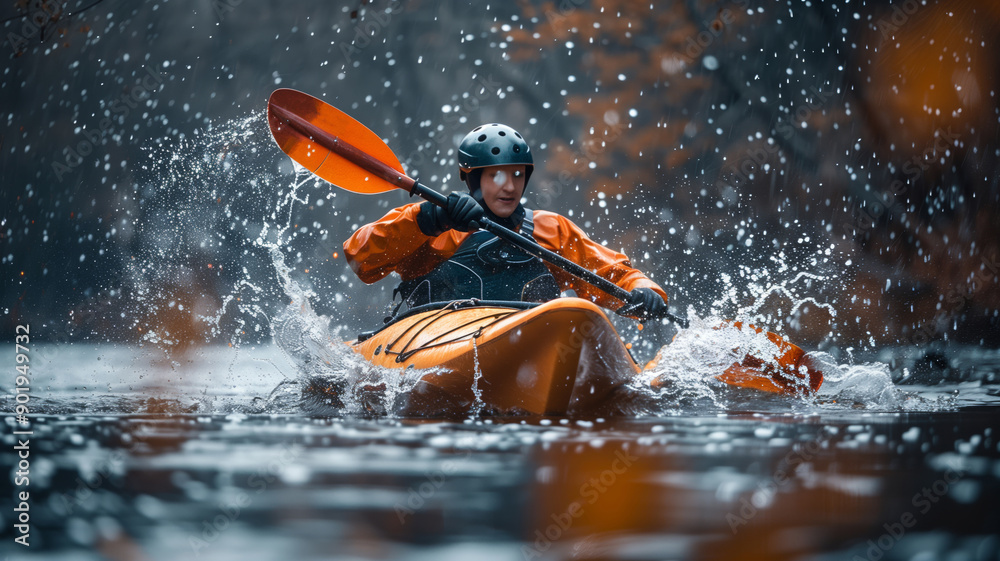 A Determined Kayaker Navigates a River in the Autumn Rain A Determined Kayaker Navigates a River in the Autumn Rain