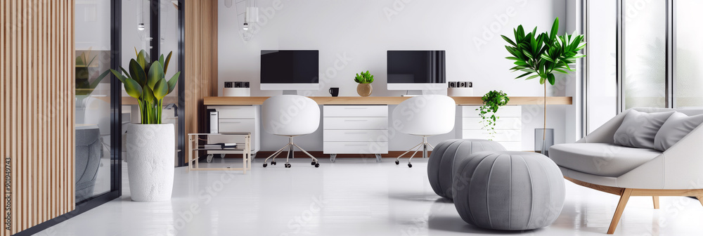 Modern open office space with office furniture technics and plants nobody. AI generated Modern open office space with office furniture technics and plants nobody. AI generated