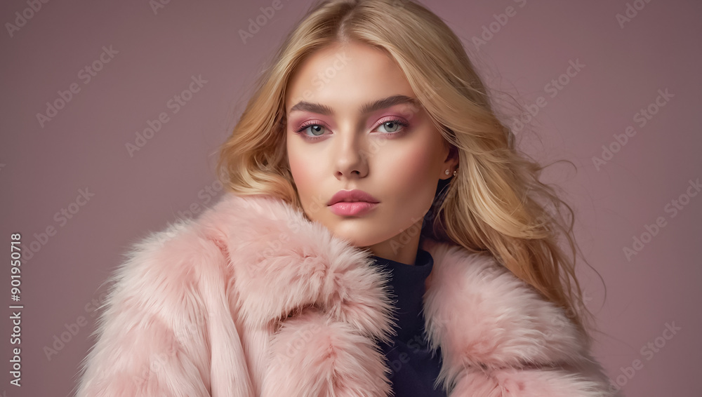 Beautiful glamorous girl portrait in pink fur coat Beautiful glamorous girl portrait in pink fur coat