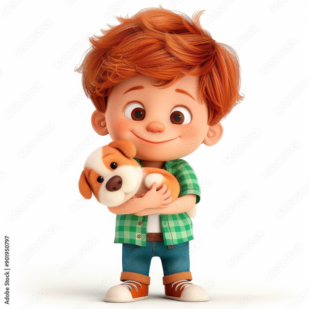 Fototapeta premium 3D Little Boy With A Dog, Looking Happy, With Clipping Path
