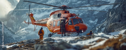 Helicopter emergency team on snowy mountain rescue.