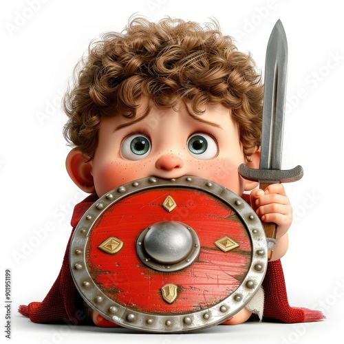 3D Little Boy With A Roman Shield And Sword, Looking Heroic