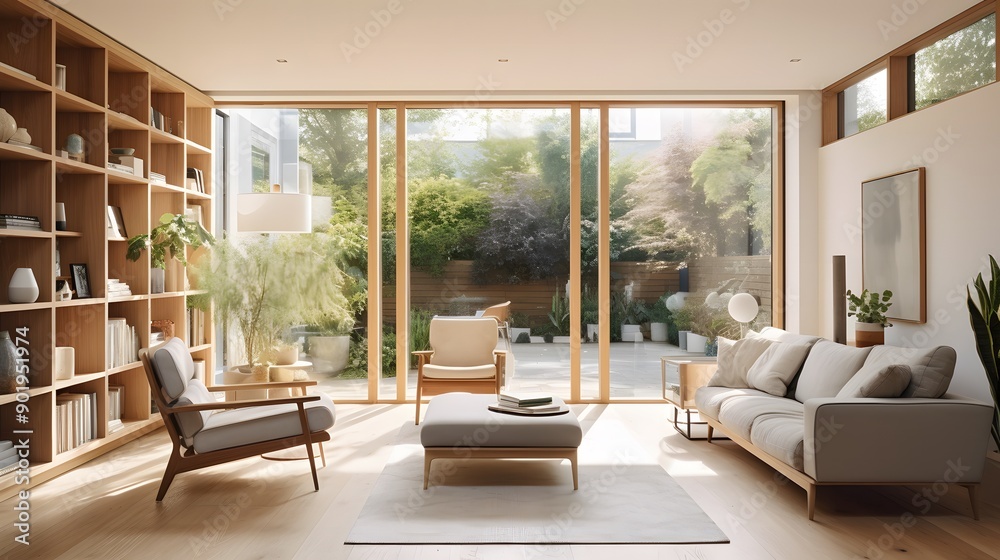 Fototapeta premium Sunny day renovation featuring large, modern windows, flooding the space with natural light and highlighting the home refurbishment process