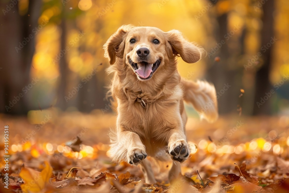Happy golden retriever dog running joyfully through colorful autumn leaves in a park Happy golden retriever dog running joyfully through colorful autumn leaves in a park