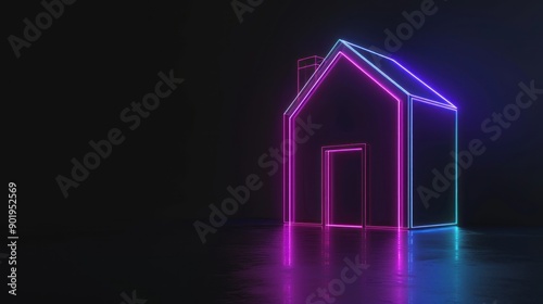 Neon House in a Dark Environment