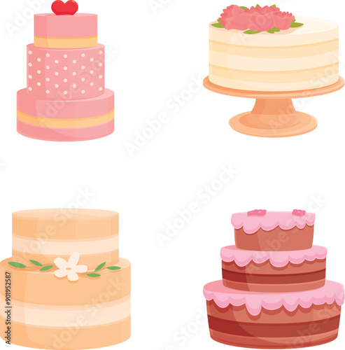 Collection of four unique and colorful wedding cake illustrations, perfect for event design