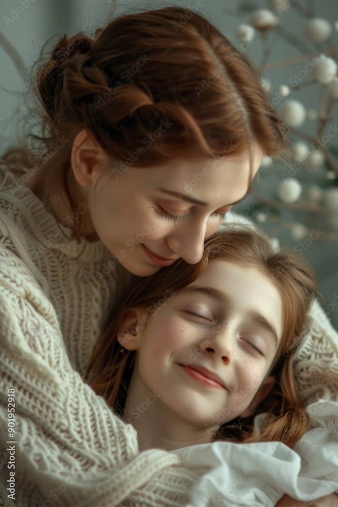Woman hugs child Woman hugs child