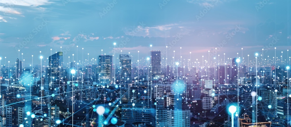 Obraz premium Wireless network and Connection technology concept with city background at night