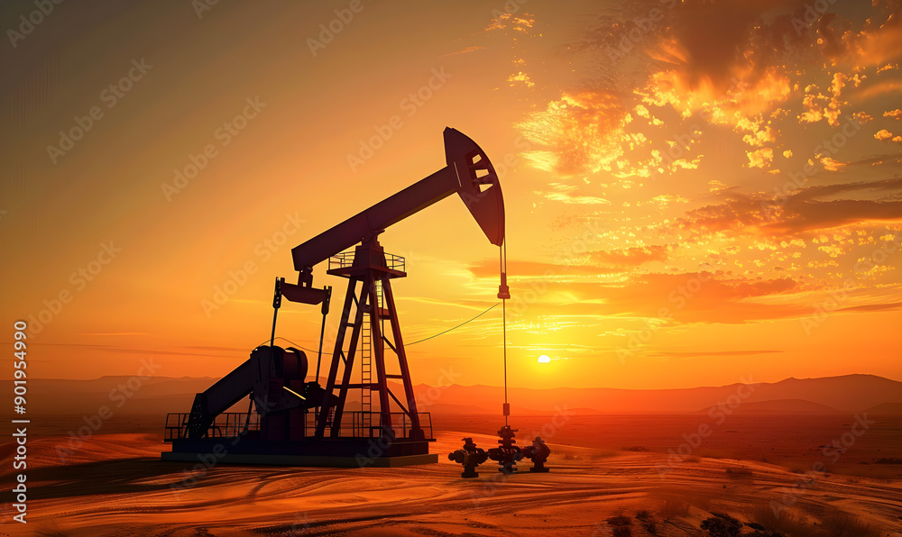 silhouette of oil rig pumping crude oil against vibrant sunset sky, industrial energy production, environmental impact awareness, suitable for marketing and education,... silhouette of oil rig pumping crude oil against vibrant sunset sky, industrial energy production, environmental impact awareness, suitable for marketing and education,...