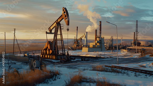 oil rig extracting crude oil in desert landscape, golden hour lighting, environmental impact, energy sector, commercial viability, versatility for marketing, production, and industry applications,...