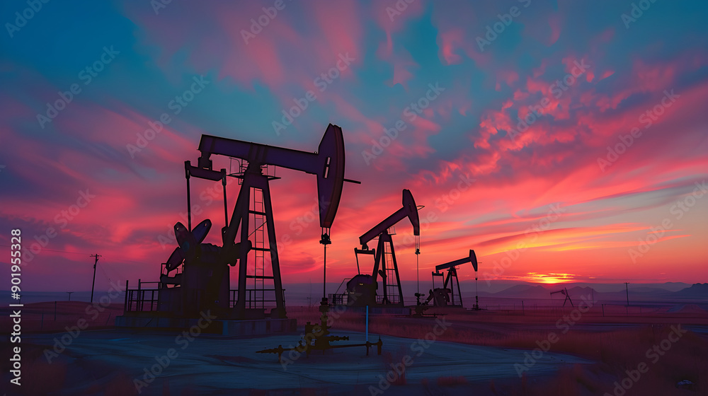 Naklejka premium oil pumpjacks silhouette sunset, dramatic sky, industry landscape, energy production, emotional impact, versatile for marketing, editorial, real estate, copy space available,...