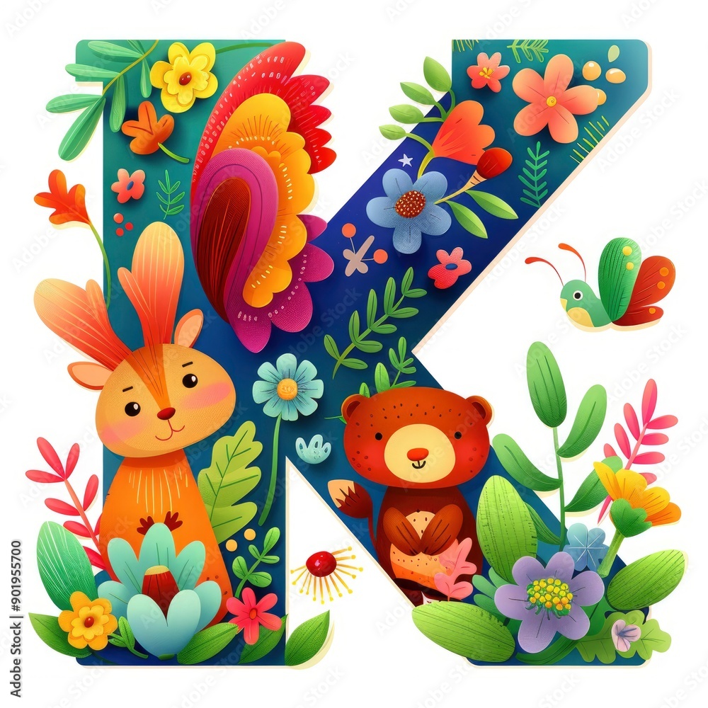 Fototapeta premium Alphabet Letter K Decorated With Cute Cartoon Animals, Vector Illustration On A White Background