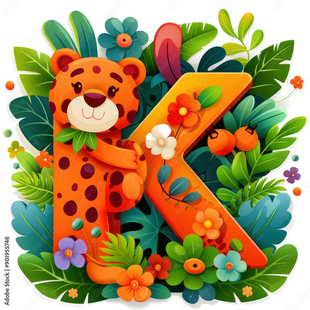 Naklejka premium Alphabet Letter K With A Cute Cartoon Cheetah And Tropical Leaves, Looking Lively
