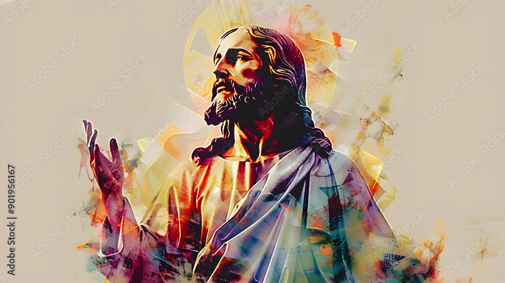 Fototapeta premium jesus christ digital painting, abstract colorful spiritual, divine figure religious art, vibrant brush strokes, halo symbolism, expressive artistic style, faith hope serenity,...