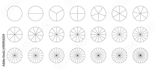 Pie chart template. Segmented charts. Sectors divide the circle on equal parts. Coaching blank. Outline black graphics. Set of pizza, pie charts. Segments infographic. Diagram wheel parts from 1 to 21