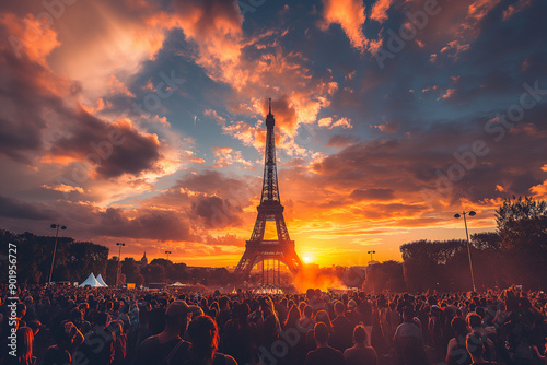 Crowd of fans enjoying outdoor concert at sunset near eiffel tower in paris photo