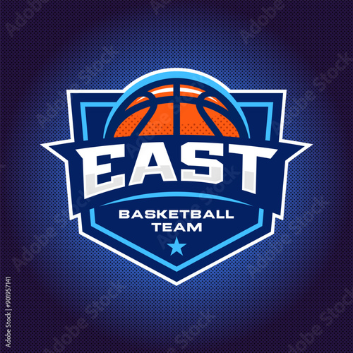 Basketball logo, emblem, designs with ball. East team badge vector illustration