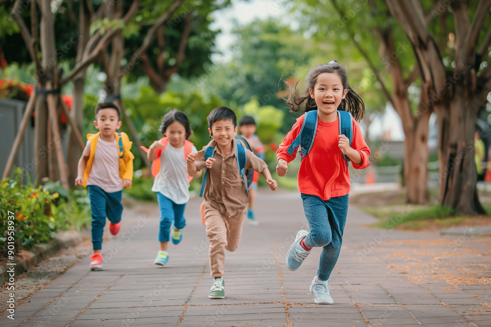Cheerful children running joyfully on their way to school in a lively neighborhood Cheerful children running joyfully on their way to school in a lively neighborhood