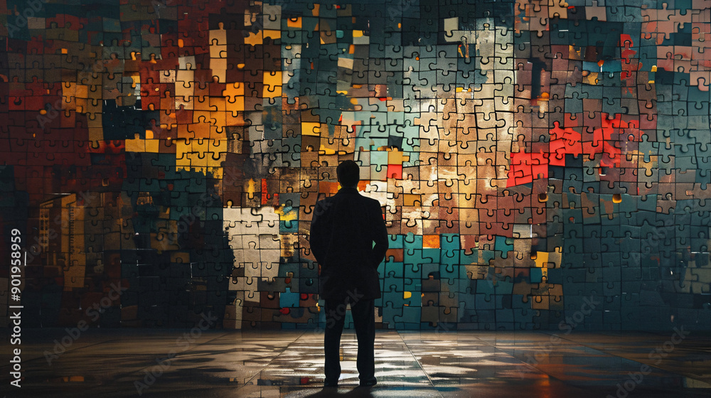 person walking on the street with puzzle in front person walking on the street with puzzle in front
