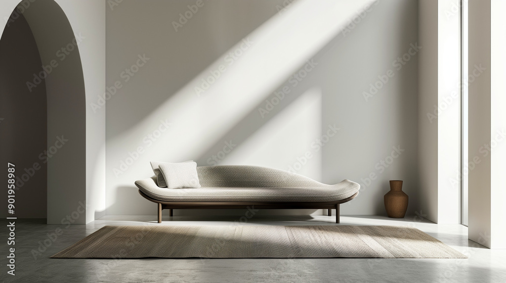 Fototapeta premium A minimalist space with a simple rug under a sleek, contemporary couch.