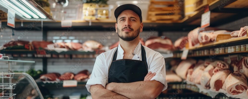 Man standing in front of shelves with raw meat. Man standing in front of shelves with raw meat.