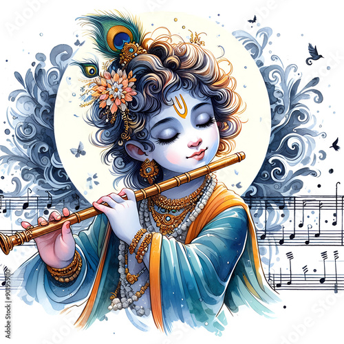 Watercolor Lord Krishna image background photo