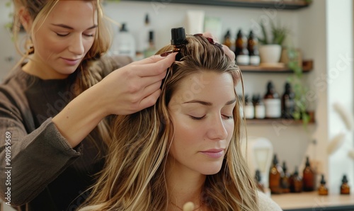 Expert beautician performing a relaxing scalp massage with essential oils