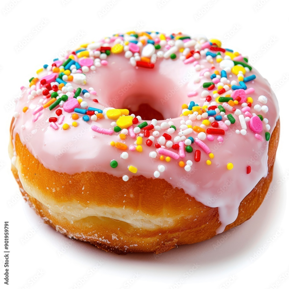 Donut With Pink Glaze And Colorful Sprinkles, Isolated On A White Background Donut With Pink Glaze And Colorful Sprinkles, Isolated On A White Background