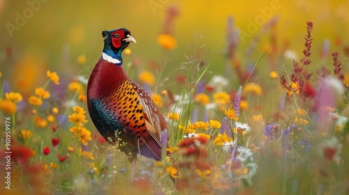 A pheasant standing in a meadow surrounded by field flowers and grass photo