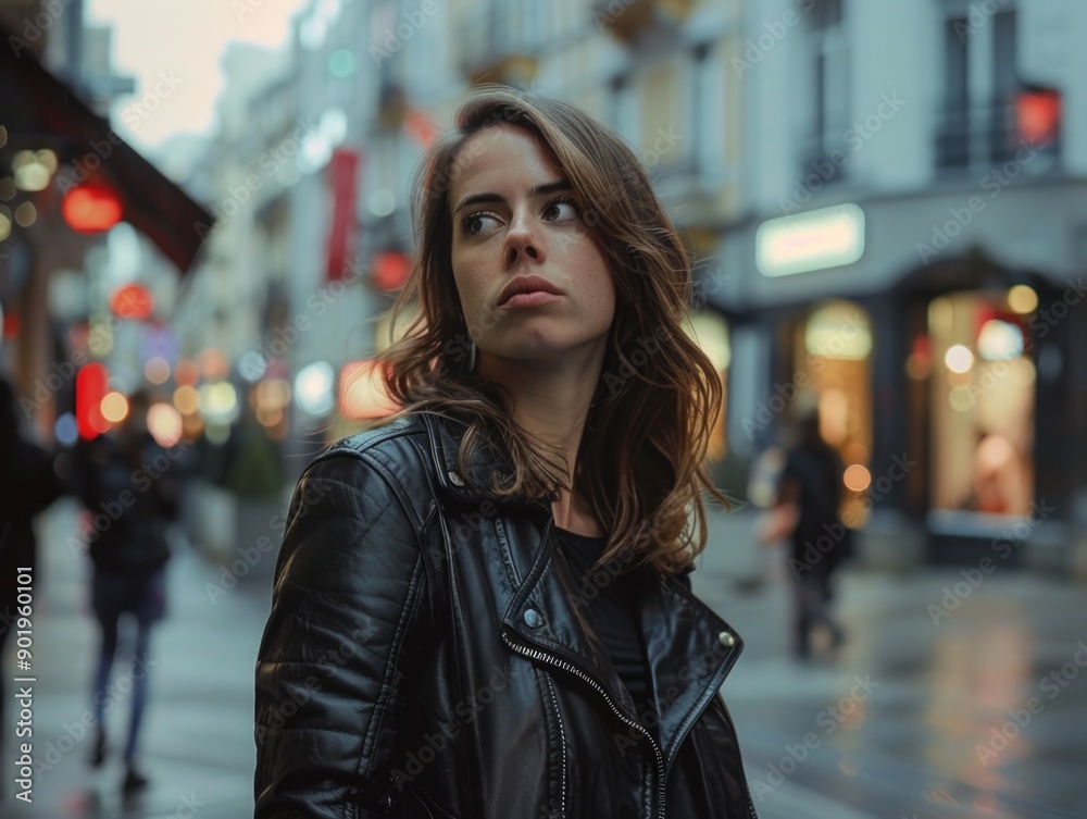 Fototapeta premium Woman in leather jacket on city street