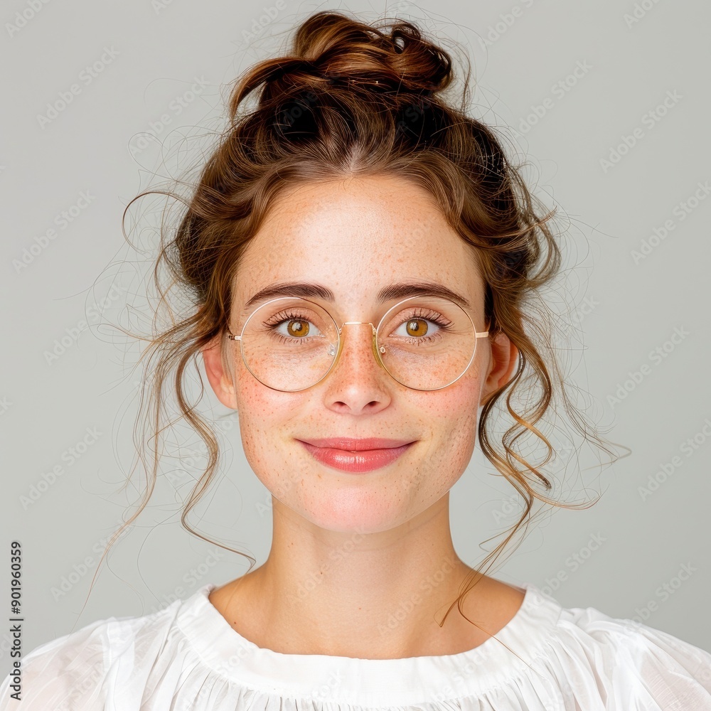 Girl With A Smile On Her Face, Wearing A White Dress And Glasses, Looking Happy Girl With A Smile On Her Face, Wearing A White Dress And Glasses, Looking Happy