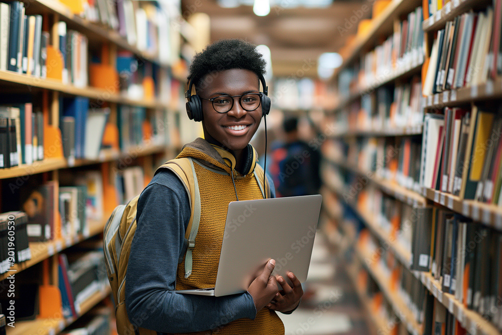 Young male student smiling in bookstore with laptop and headphones while engaging with the camera Young male student smiling in bookstore with laptop and headphones while engaging with the camera