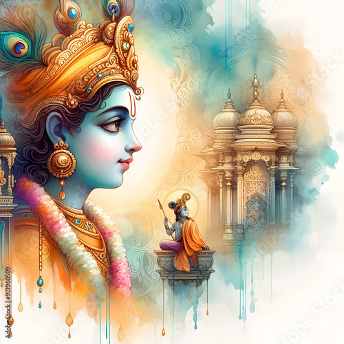 Watercolor Lord Krishna image background photo