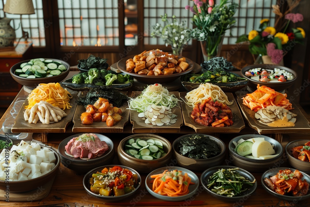 A Colorful Array of Traditional Dishes Displayed on Wooden Tables in a Cozy Restaurant A Colorful Array of Traditional Dishes Displayed on Wooden Tables in a Cozy Restaurant