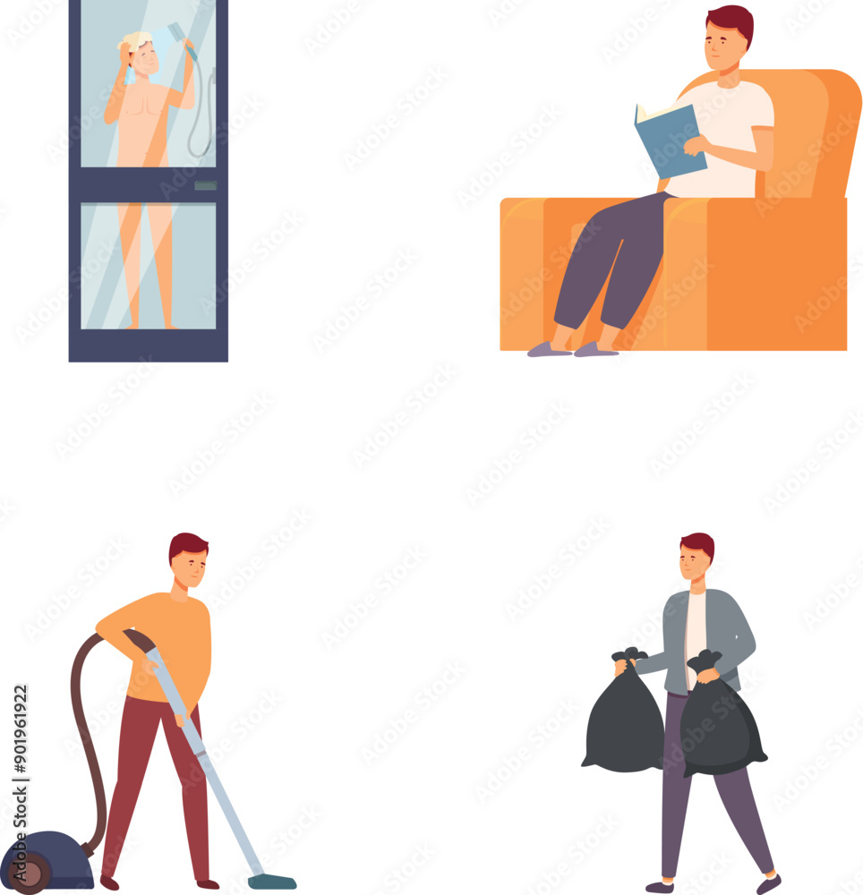 Collection of illustrations showcasing a person engaged in various everyday tasks